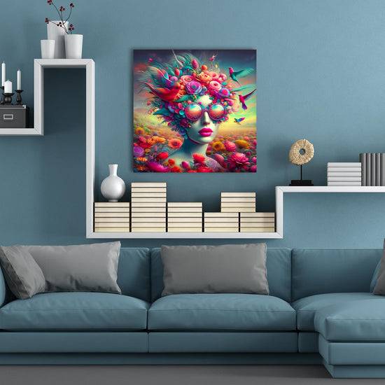 Queen Kerosin Acrylglasbild - Frauen mit ausgefallenen Brillen in einer lebendigen Welt voller Blumen und Vögel I Großer Ausverkauf