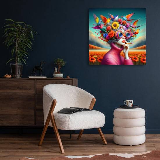 Queen Kerosin Acrylglasbild - Frauen mit ausgefallenen Brillen in einer lebendigen Welt voller Blumen und Vögel II Flash Sale