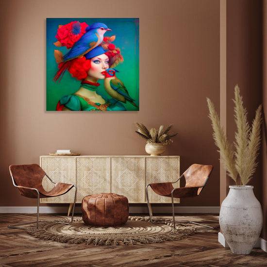 Queen Kerosin Acrylglasbild - Surreales Portrait einer Frau mit Vögeln in blau rot grün Farbe Begrenztes Angebot