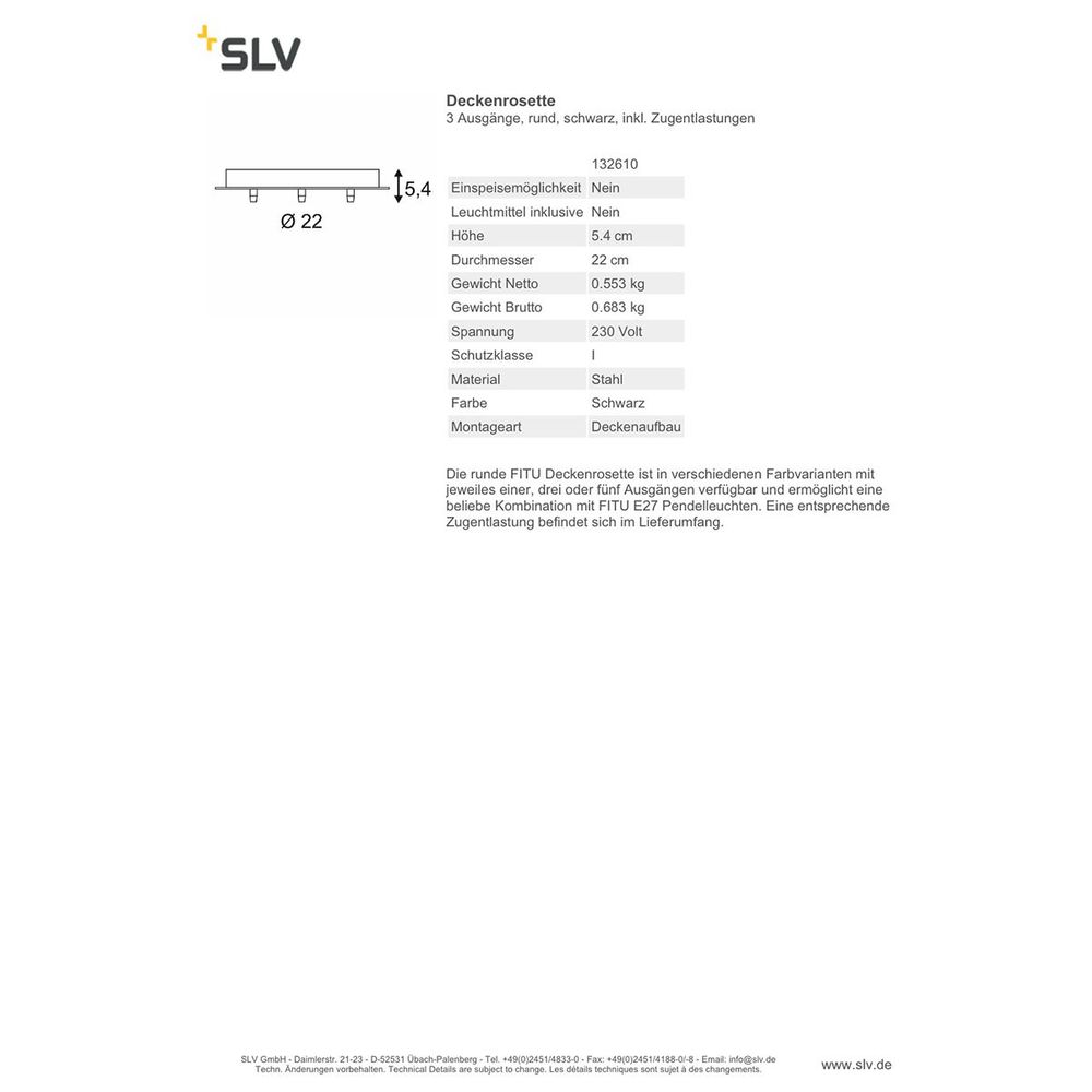 S.Luce SLV Deckenrosette 3 Ausgänge rund Schwarz inkl. Zugentlastungen Tägliche Deals