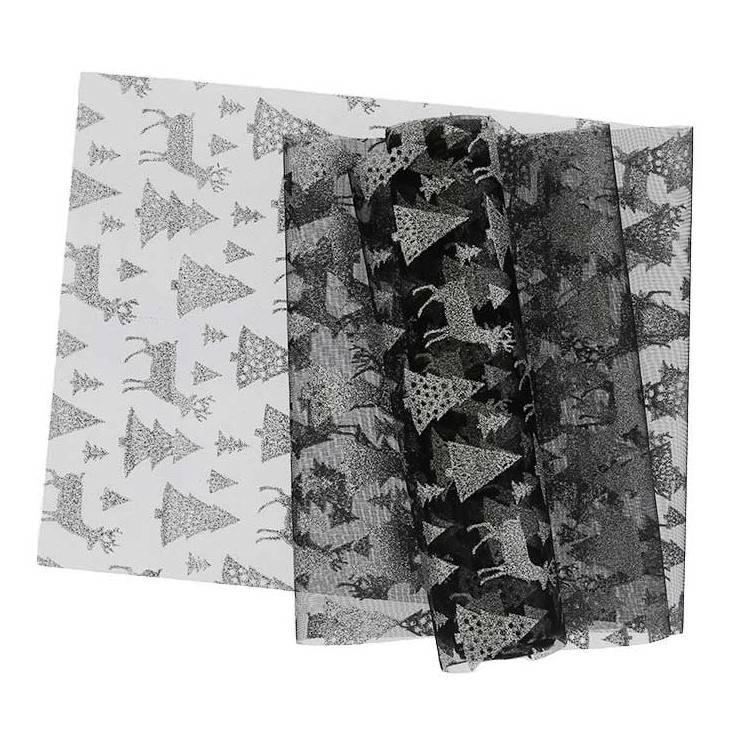 Schöner Leben Tischläufer Tischband Organza mit glitzernden Tannen und Hirschen schwarz silberfarbig 28x300m