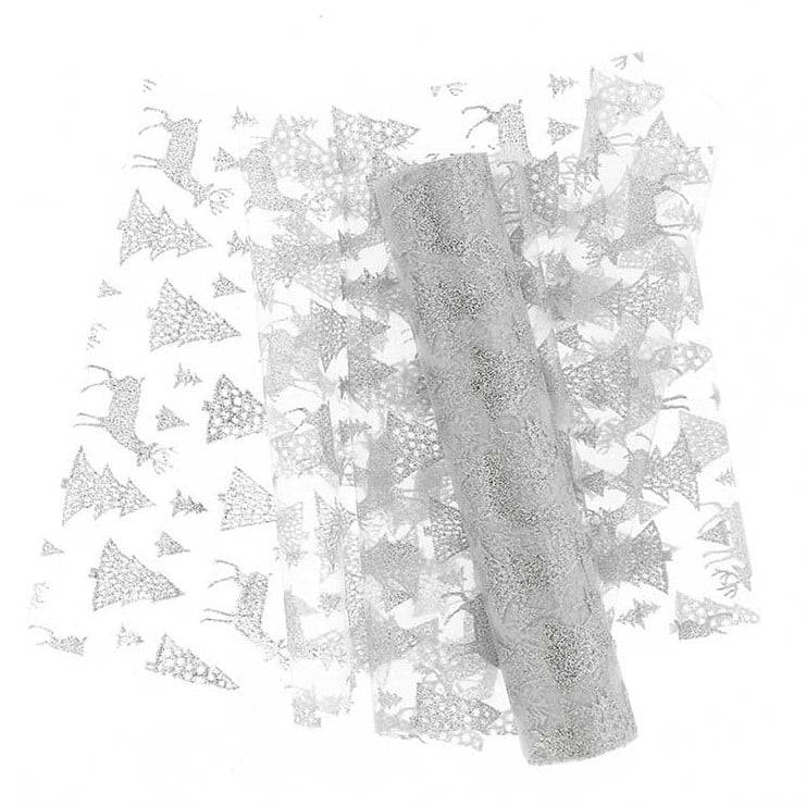 Schöner Leben Tischläufer Tischband Organza mit glitzernden Tannen und Hirschen weiß silberfarbig 28x300m