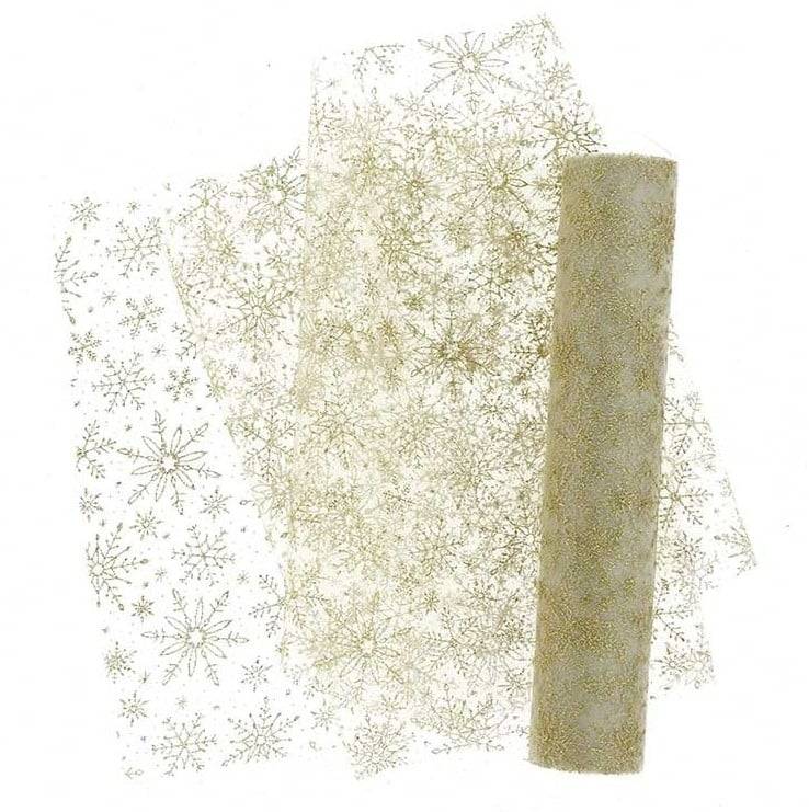 Schöner Leben Tischläufer Tischband Organza mit glitzernden Kristallen weiß goldfarbig 28x300m