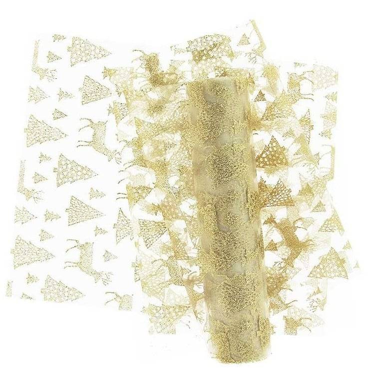 Schöner Leben Tischläufer Tischband Organza mit glitzernden Tannen und Hirschen weiß goldfarbig 28x300m