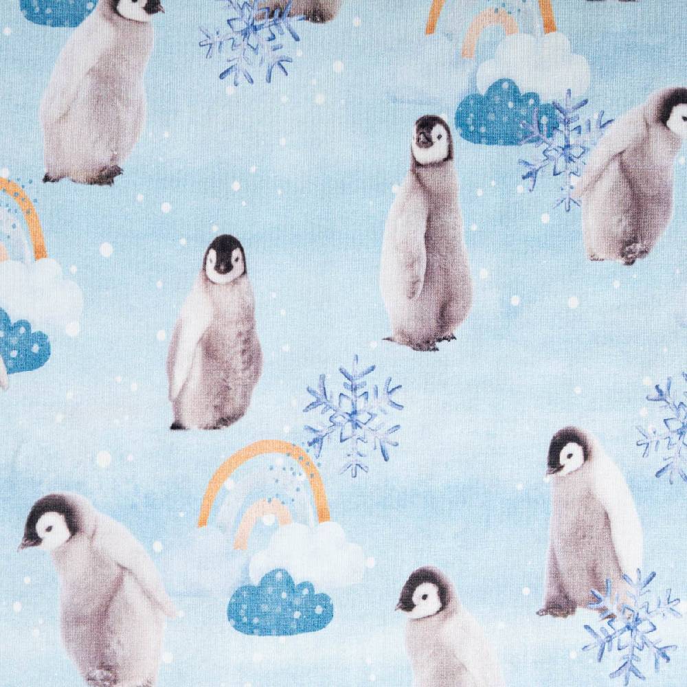 Schöner Leben Jersey Stoff Baumwolljersey Digitaldruck Pinguin Schneeflocke Wolken blau grau 1,45m Breite