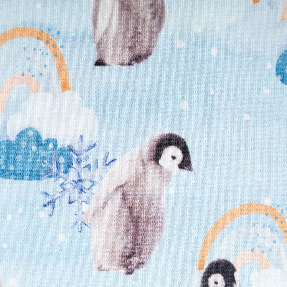 Schöner Leben Jersey Stoff Baumwolljersey Digitaldruck Pinguin Schneeflocke Wolken blau grau 1,45m Breite Blitzverkäufe