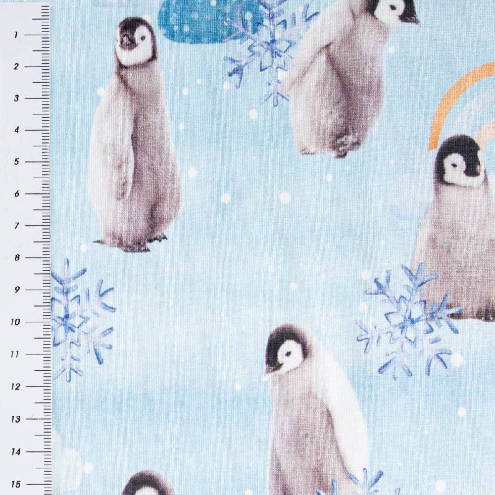 Schöner Leben Jersey Stoff Baumwolljersey Digitaldruck Pinguin Schneeflocke Wolken blau grau 1,45m Breite Blitzverkäufe
