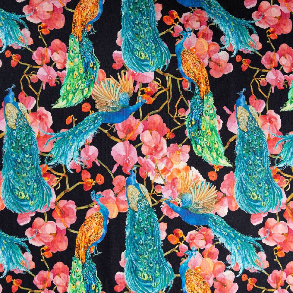 Schöner Leben Jersey Stoff Baumwolljersey Digitaldruck Pfau Blüten schwarz bunt 1,45m Breite Outlet