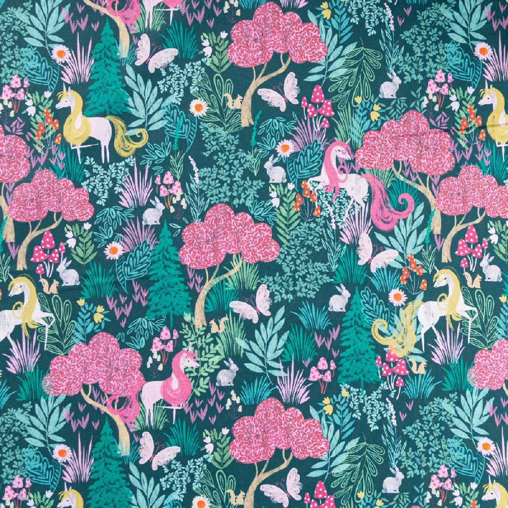 Schöner Leben Baumwollstoff Popeline Fine Poplin Digitaldruck Einhorn Wald Bäume grün bunt 1,45m Breite Outlet