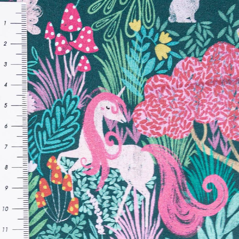 Schöner Leben Baumwollstoff Popeline Fine Poplin Digitaldruck Einhorn Wald Bäume grün bunt 1,45m Breite Outlet