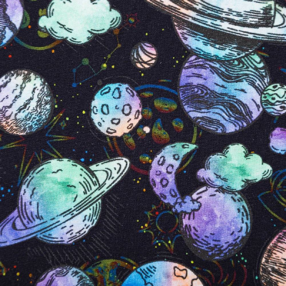 Schöner Leben French Terry Stoff Digital Planeten Sterne Aquarell dunkelblau bunt 1,5m Breite Schlussverkauf