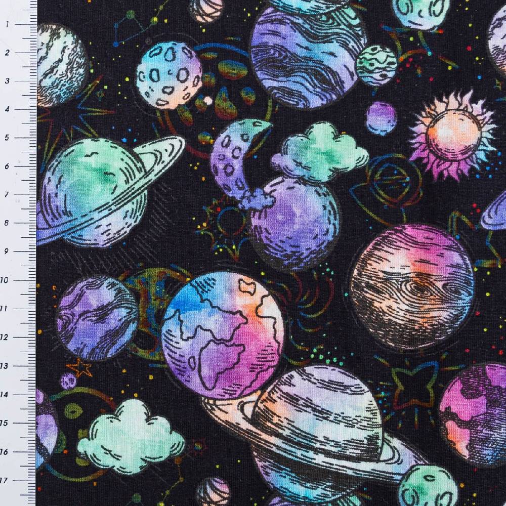 Schöner Leben French Terry Stoff Digital Planeten Sterne Aquarell dunkelblau bunt 1,5m Breite Schlussverkauf