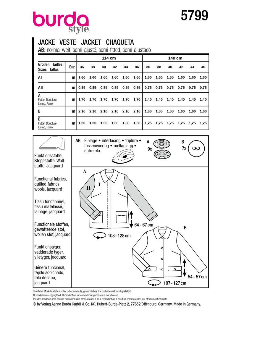 Schöner Leben Burda Schnittmuster 5799 Damen Jacke im Angebot