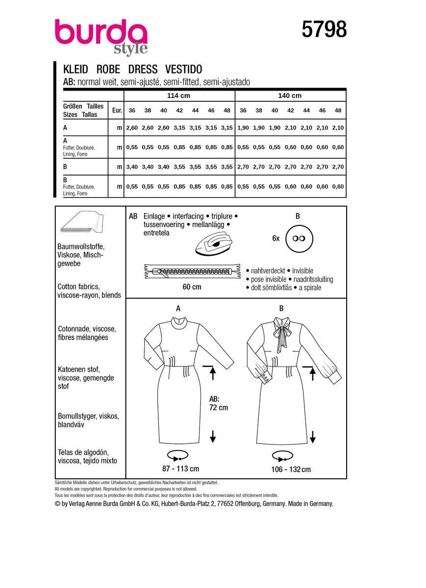 Schöner Leben Burda Schnittmuster 5798 Damen Kleid Schlussverkauf