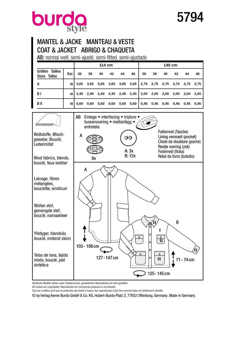 Schöner Leben Burda Schnittmuster 5794 Damen Mantel & Jacke Blitzverkäufe