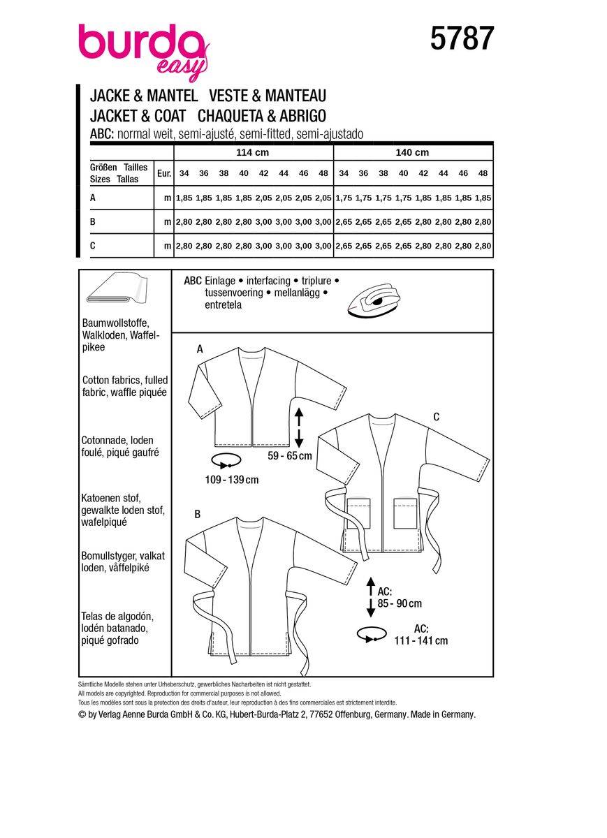 Schöner Leben Burda Schnittmuster 5787 Damen Jacke & Mantel im Angebot