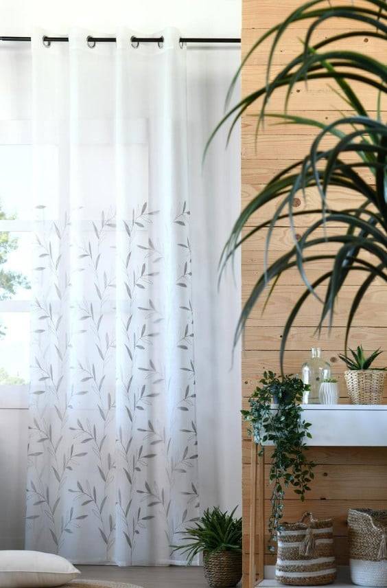 Schöner Leben Ösenvorhang Voile mit Blätter-Stickereien weiß grau 140x260cm