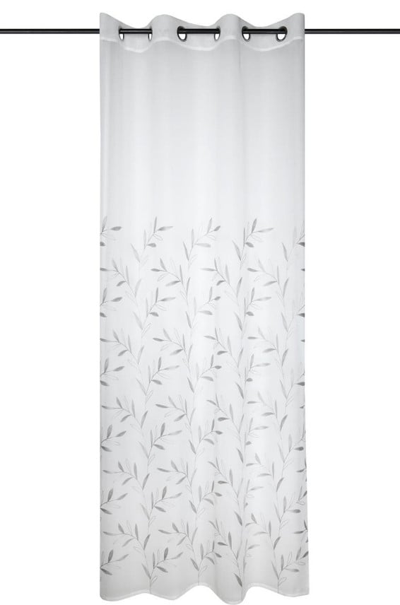 Schöner Leben Ösenvorhang Voile mit Blätter-Stickereien weiß grau 140x260cm Outlet