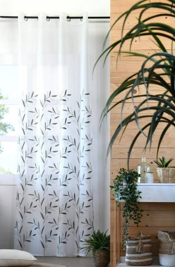 Schöner Leben Ösenvorhang Voile mit Blätter-Stickereien weiß grün 140x260cm