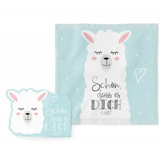Schöner Leben Magisches Handtuch Lama "Schön, dass es dich gibt!" hellblau von La Vida
