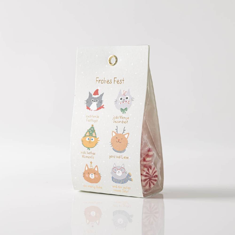 Schöner Leben Weihnachts-Bonbons mit Glühweinschmack Frohes Fest Katzen 75g von Grafik Werkstatt Fabrikverkauf