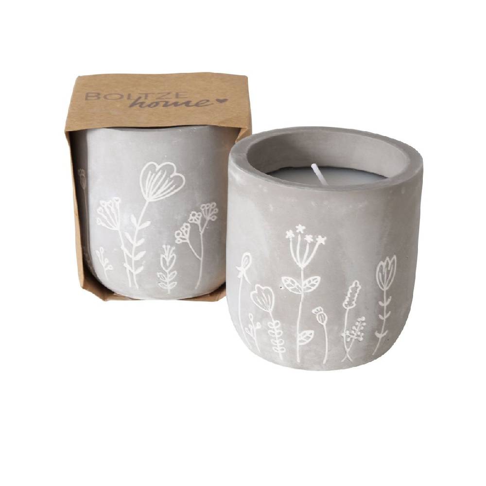 Schöner Leben Kerzentopf aus Beton mit floraler Gravur 8,5x8,5cm mit 12 Std Brenndauer, 1 Stk