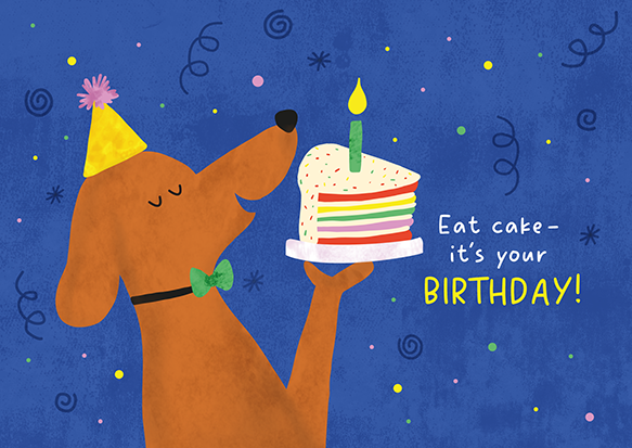 Schöner Leben Postkarte Eat cake - it´s your Birthday! mit Hund und Torte blau 105x148mm von Grafik Werkstatt
