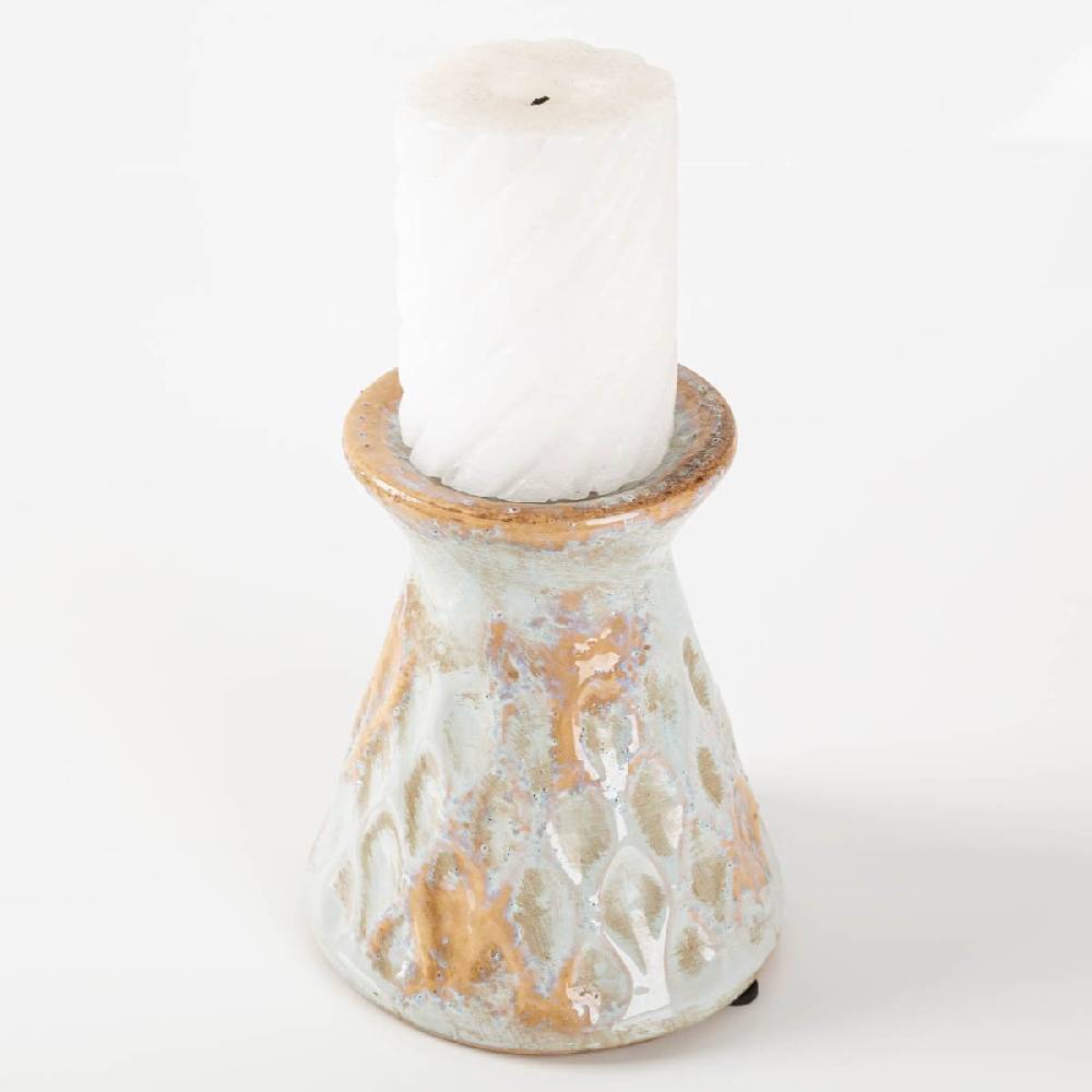 Schöner Leben Kerzenständer Keramik mit Reliefstruktur grau beige 14x16cm von Clayre & Eef Online