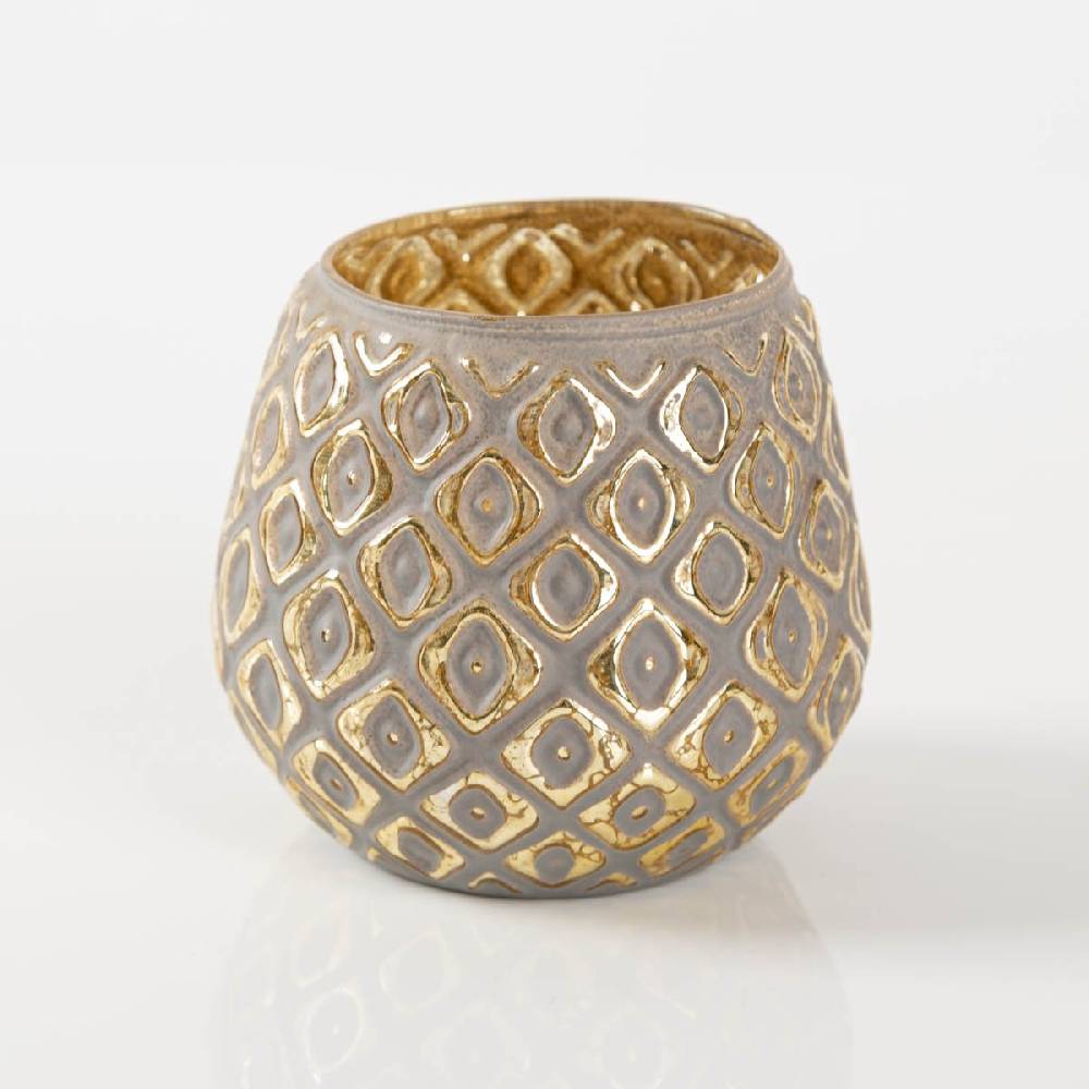 Schöner Leben Teelichthalter aus Glas mit Reliefstruktur grau gold 11x10cm von Clayre & Eef