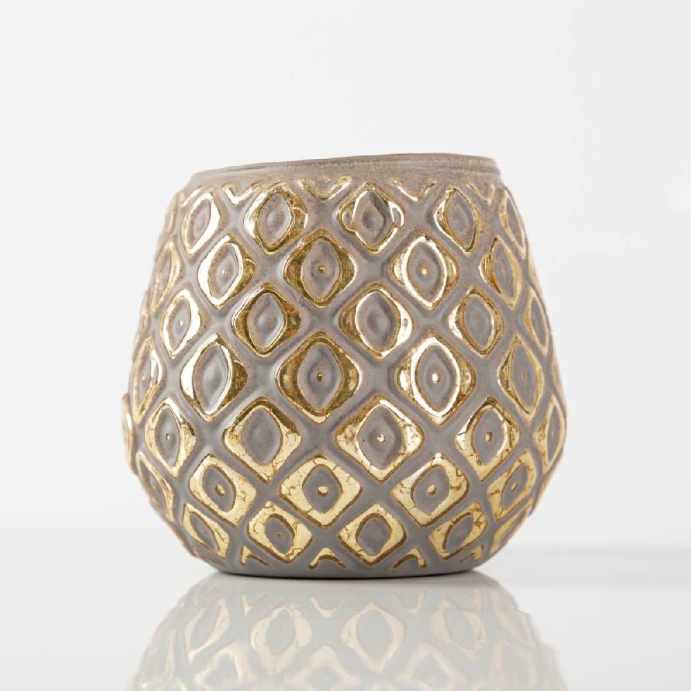 Schöner Leben Teelichthalter aus Glas mit Reliefstruktur grau gold 11x10cm von Clayre & Eef Outlet