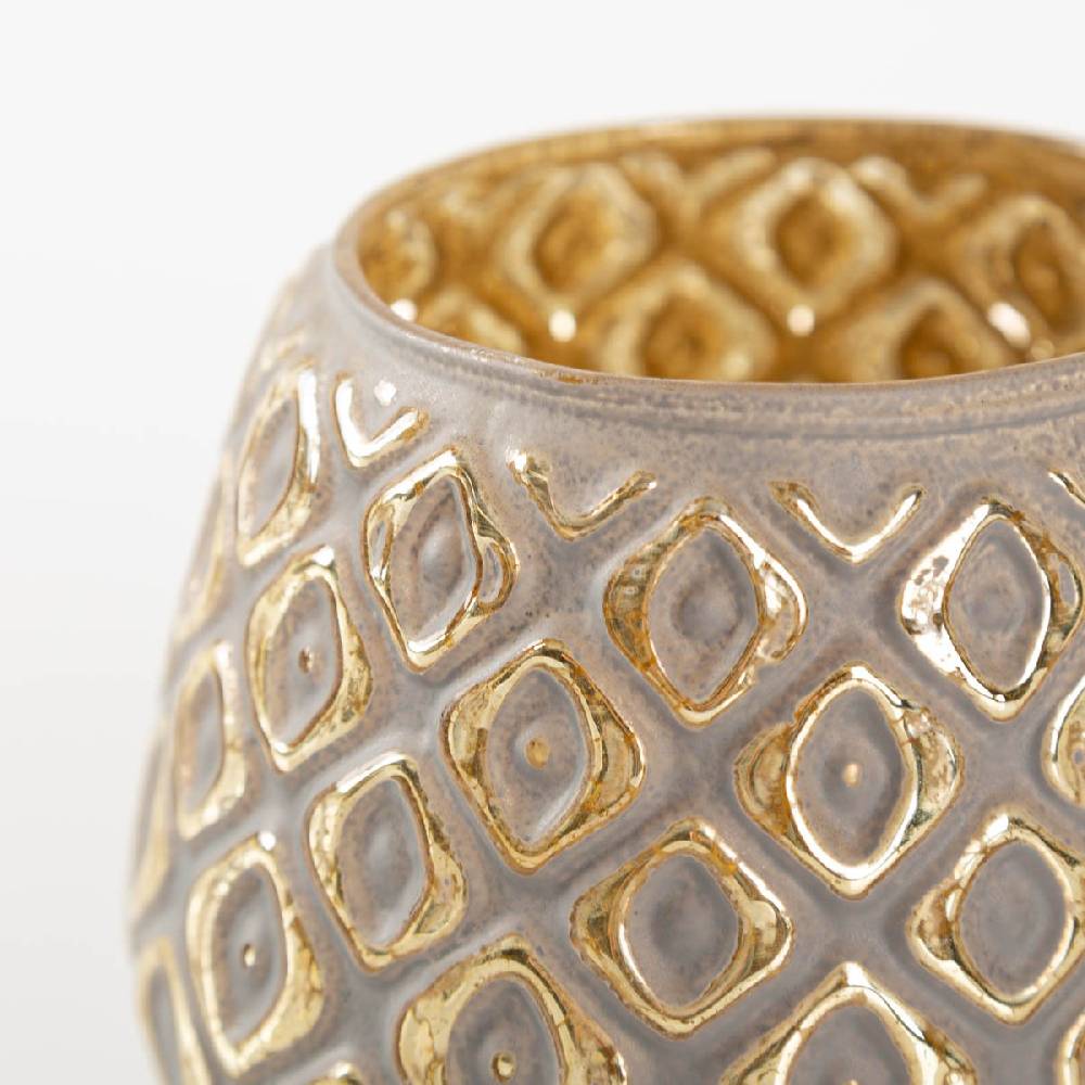 Schöner Leben Teelichthalter aus Glas mit Reliefstruktur grau gold 11x10cm von Clayre & Eef Outlet