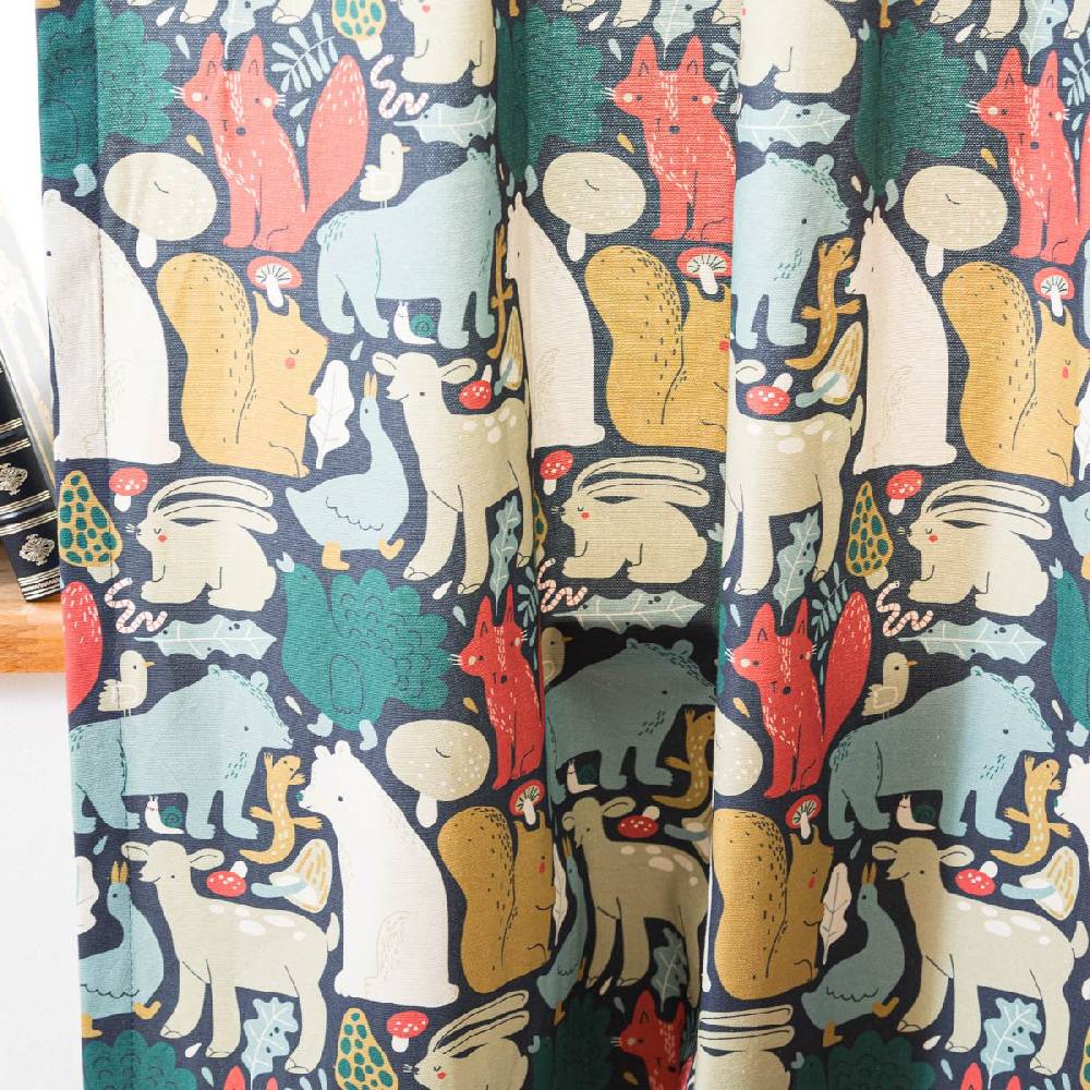 Schöner Leben Vorhang Kinderzimmer mit Smok-Schlaufenband Waldtiere Scandi blau rot beige in 245cm oder Wunschlänge von SCHÖNER LEBEN Outlet
