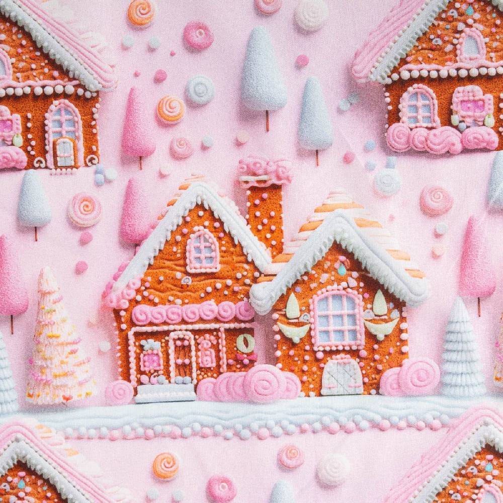 Schöner Leben Baumwollstoff Popeline Digitaldruck Weihnachtsstoff Gretel Lebkuchenhaus rosa 1,47m Breite