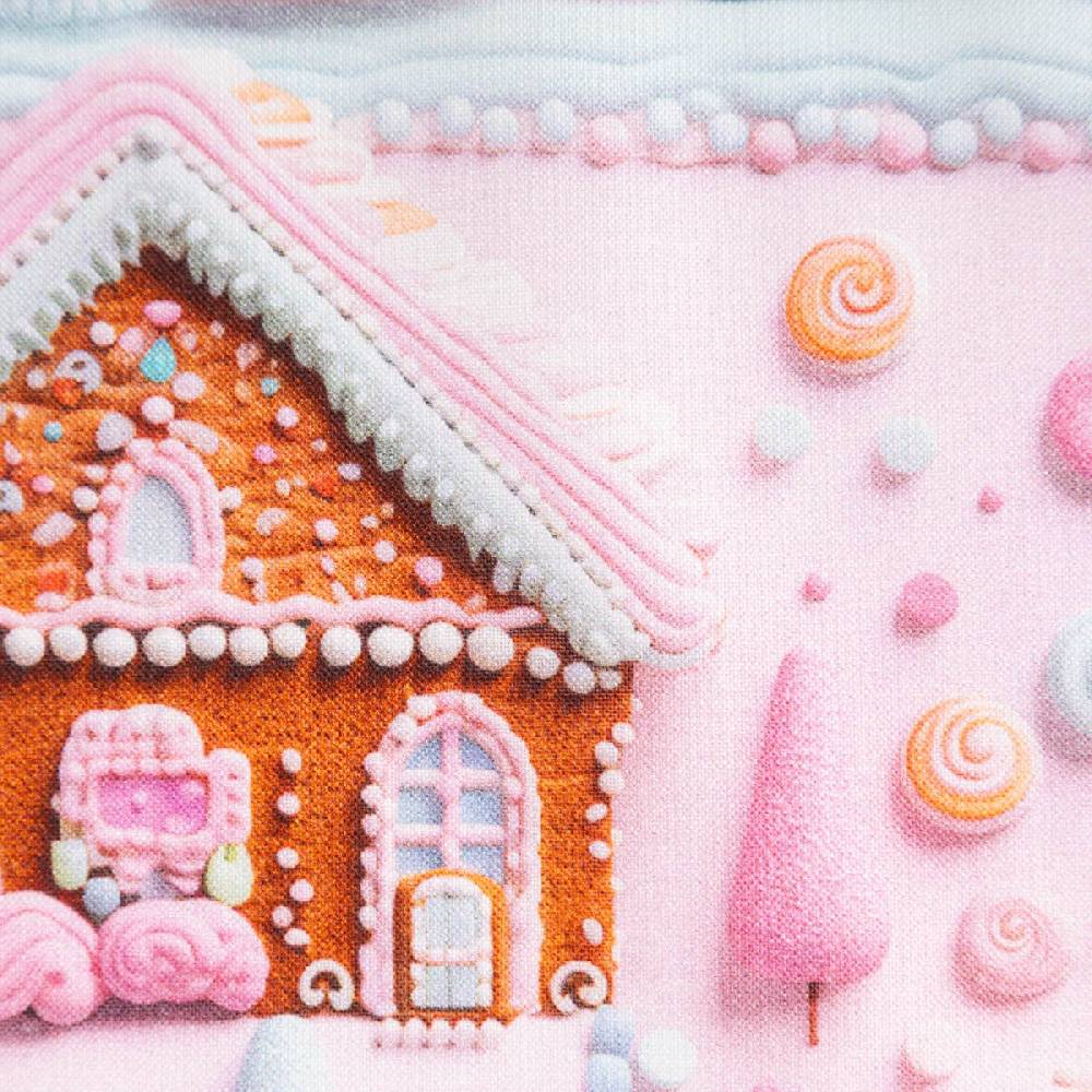 Schöner Leben Baumwollstoff Popeline Digitaldruck Weihnachtsstoff Gretel Lebkuchenhaus rosa 1,47m Breite im Angebot