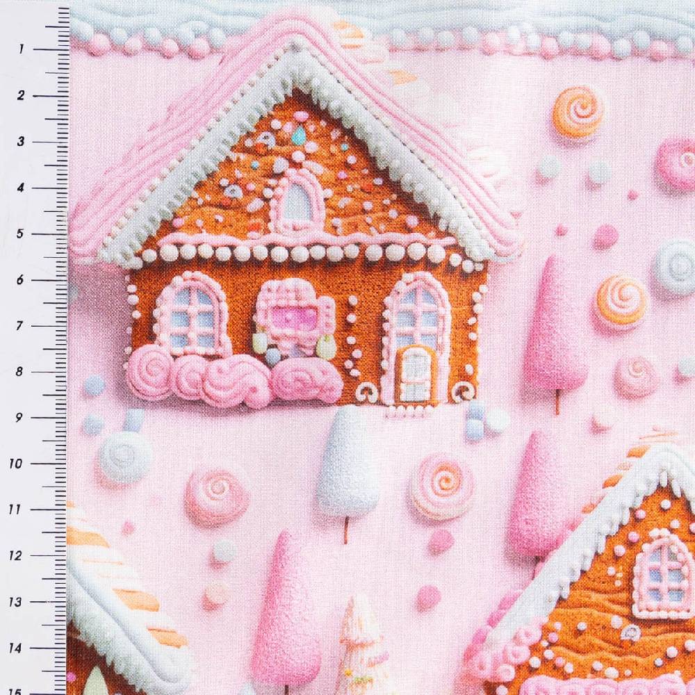 Schöner Leben Baumwollstoff Popeline Digitaldruck Weihnachtsstoff Gretel Lebkuchenhaus rosa 1,47m Breite im Angebot