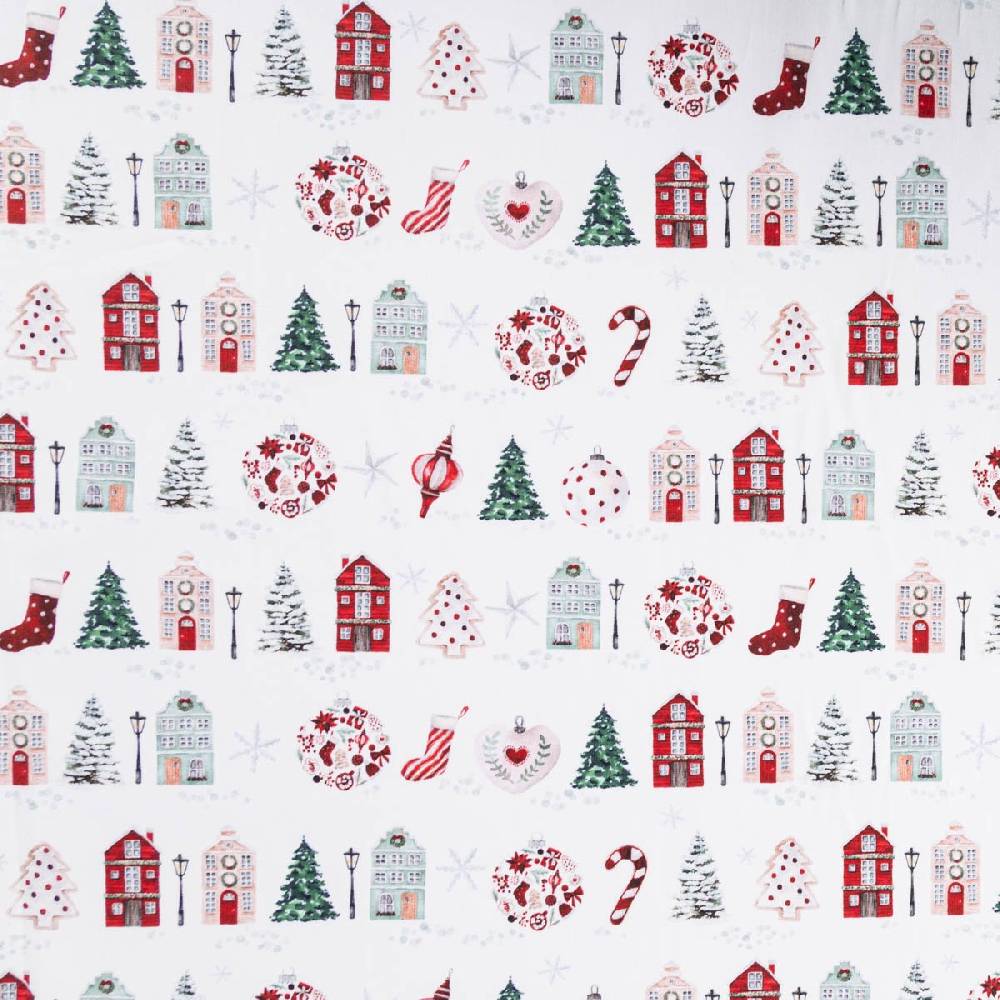 Schöner Leben Baumwollstoff Popeline Digitaldruck Anvers Weihnachtshäuser weiß rot 1,47m Breite Meist gekauft