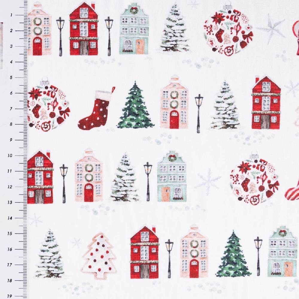 Schöner Leben Baumwollstoff Popeline Digitaldruck Anvers Weihnachtshäuser weiß rot 1,47m Breite Meist gekauft