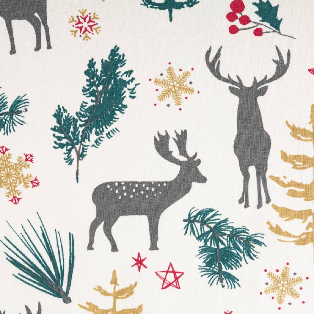 Schöner Leben Baumwollstoff Weihnachtsstoff Aggrim Hirsche Tannen ecru grün rot 1,47m Breite