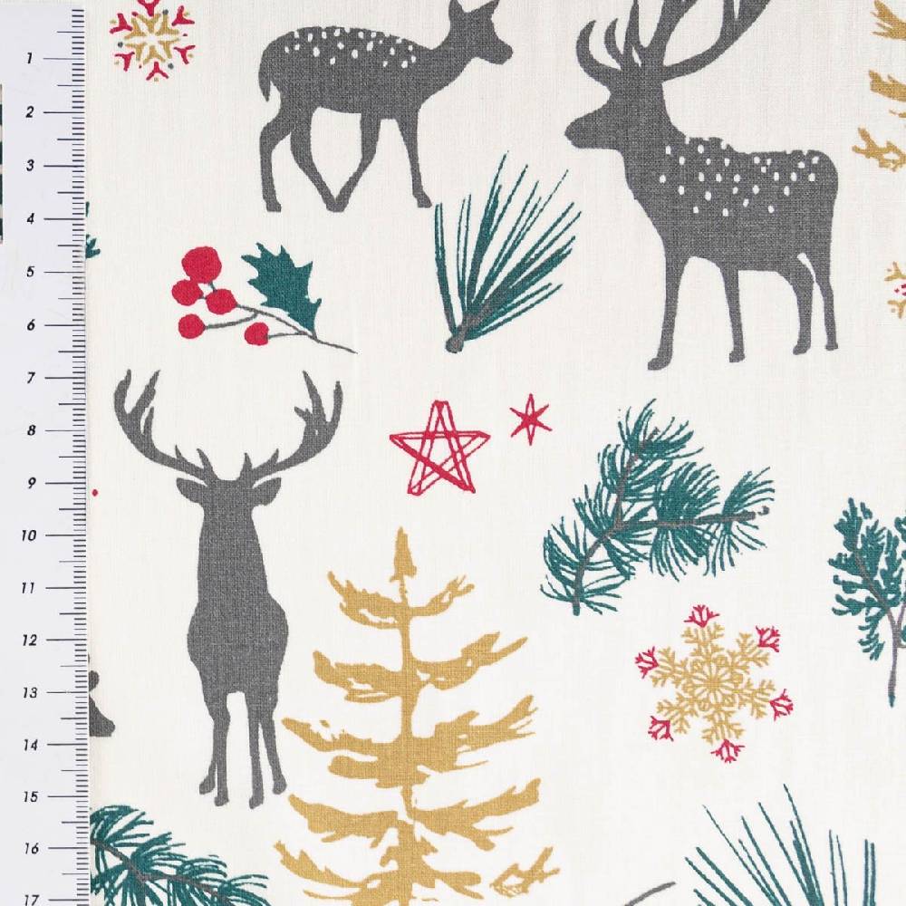 Schöner Leben Baumwollstoff Weihnachtsstoff Aggrim Hirsche Tannen ecru grün rot 1,47m Breite Auslauf