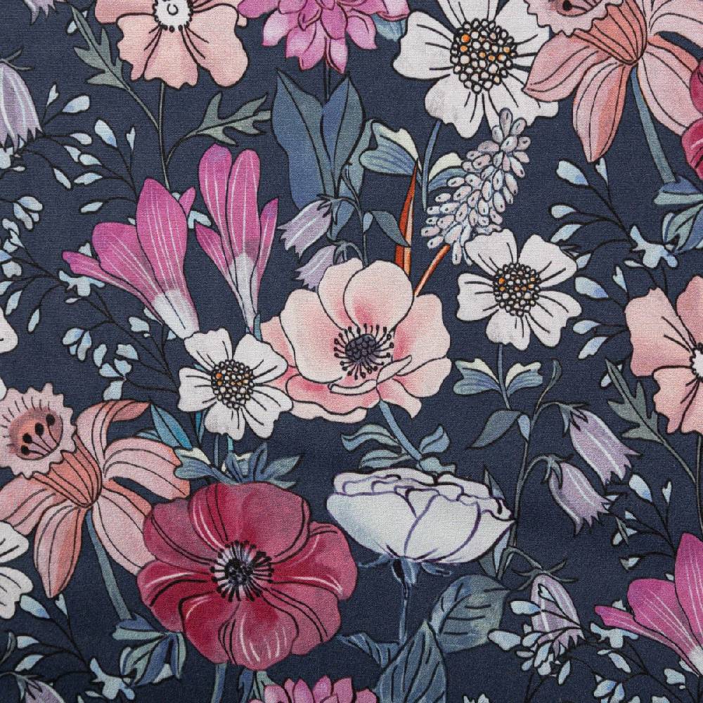 Schöner Leben Softshell Stoff mit Fleece-Rückseite Digital Flowers navy rosa 148cm Breite