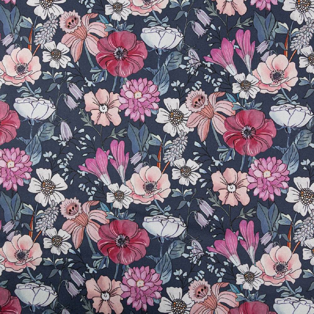 Schöner Leben Softshell Stoff mit Fleece-Rückseite Digital Flowers navy rosa 148cm Breite Fabrikverkauf