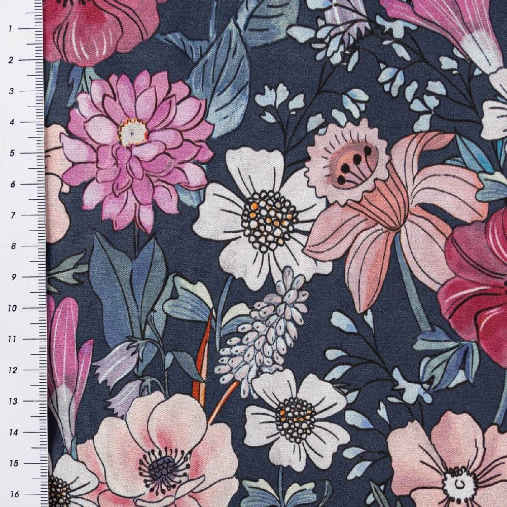 Schöner Leben Softshell Stoff mit Fleece-Rückseite Digital Flowers navy rosa 148cm Breite Fabrikverkauf