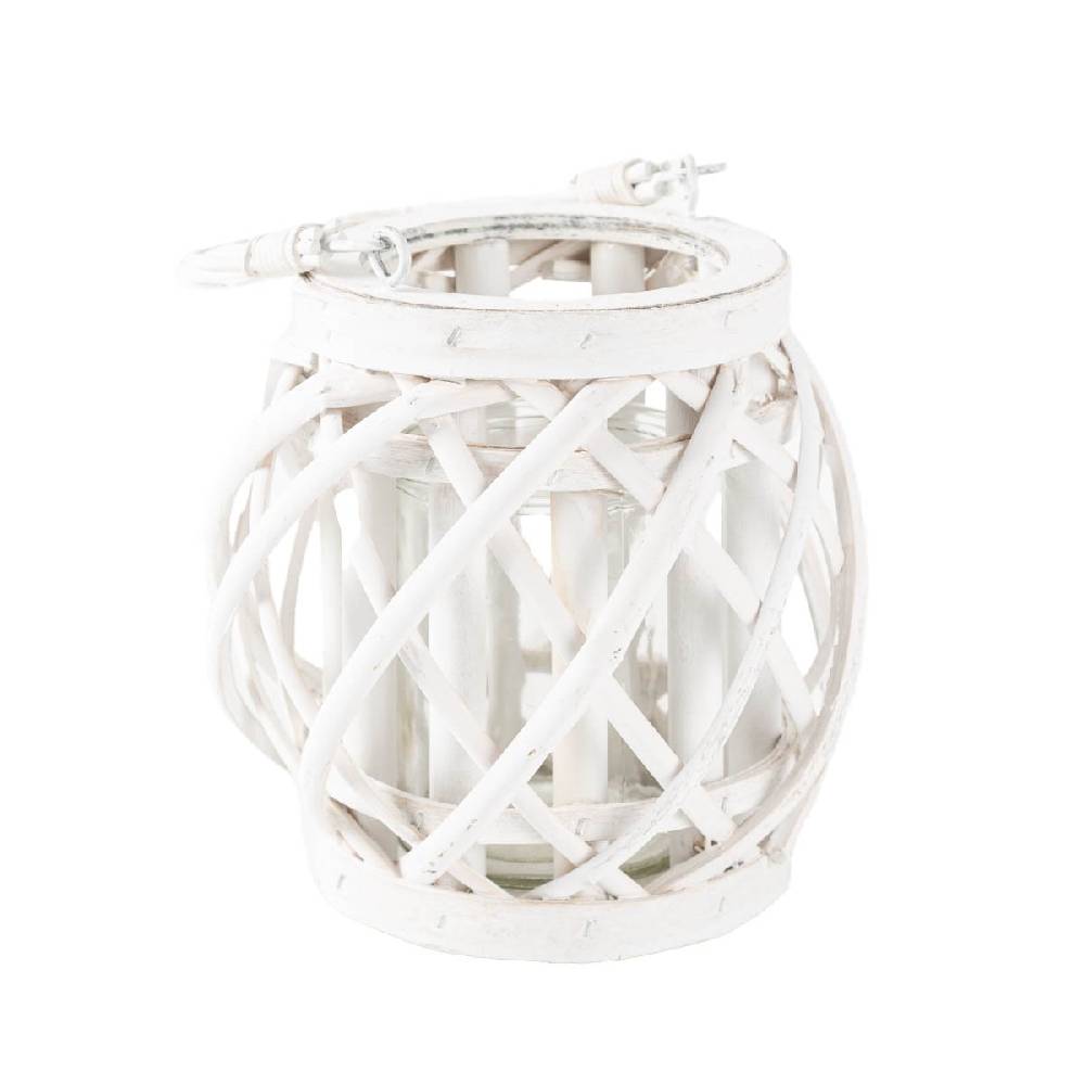 Schöner Leben Windlicht aus Holzgeflecht mit Henkel und Glaseinsatz weiß 16x16cm von Countryfield Online