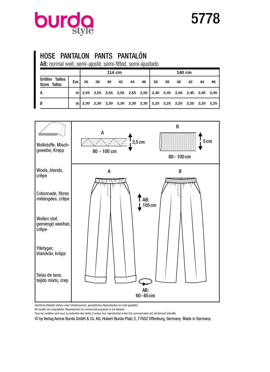 Schöner Leben Burda Schnittmuster 5778 Damen Hose Fabrikverkauf