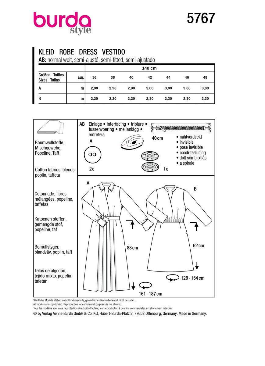 Schöner Leben Burda Schnittmuster 5767 Damen Kleid im Angebot