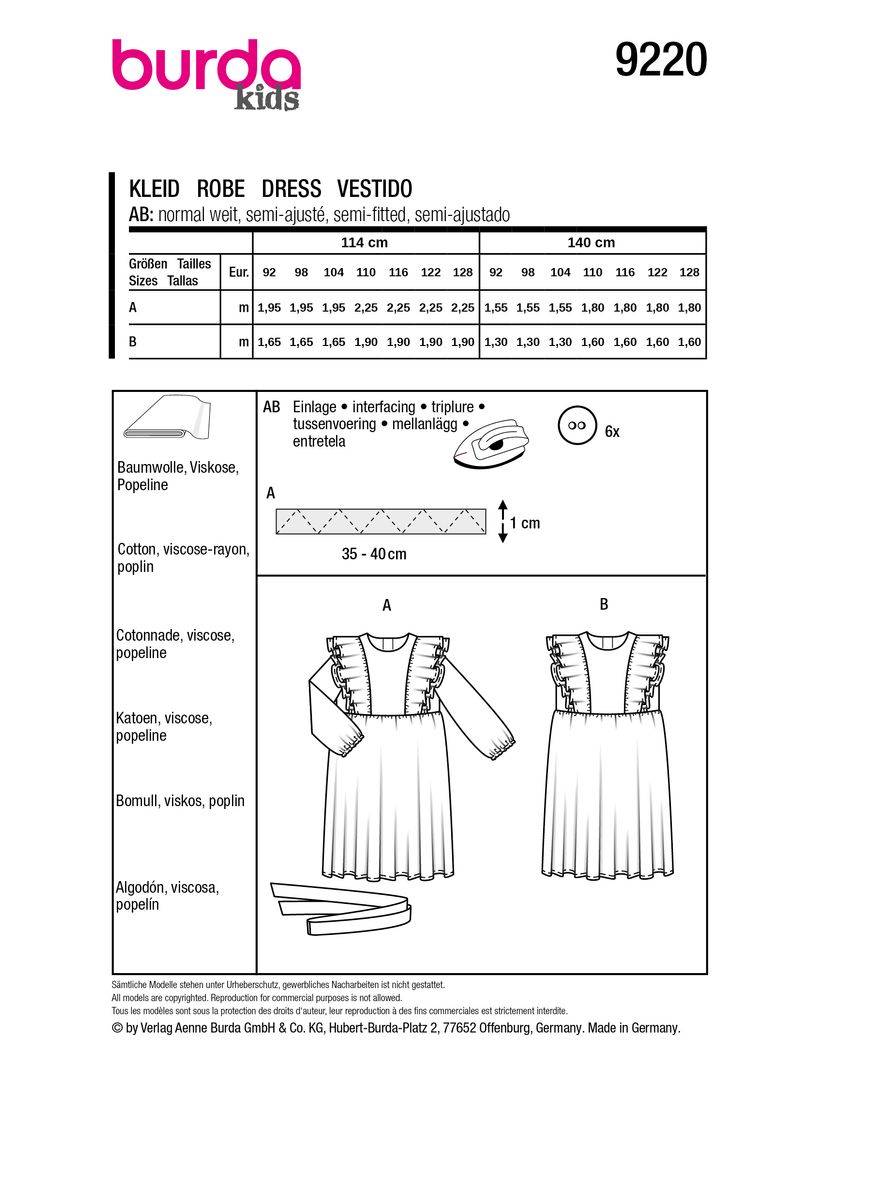 Schöner Leben Burda Schnittmuster 9220 Kinder Kleid im Angebot