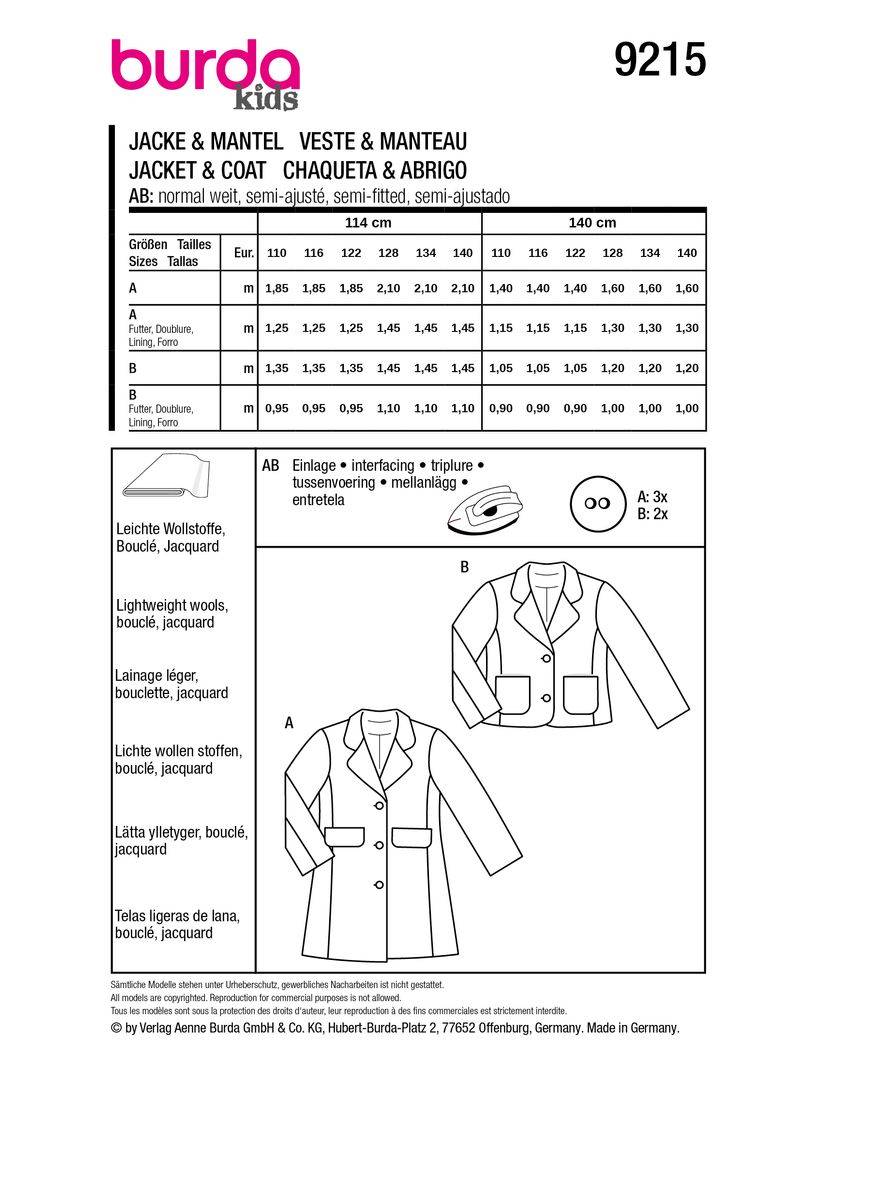 Schöner Leben Burda Schnittmuster 9215 Kinder Mantel & Jacke Top Angebot