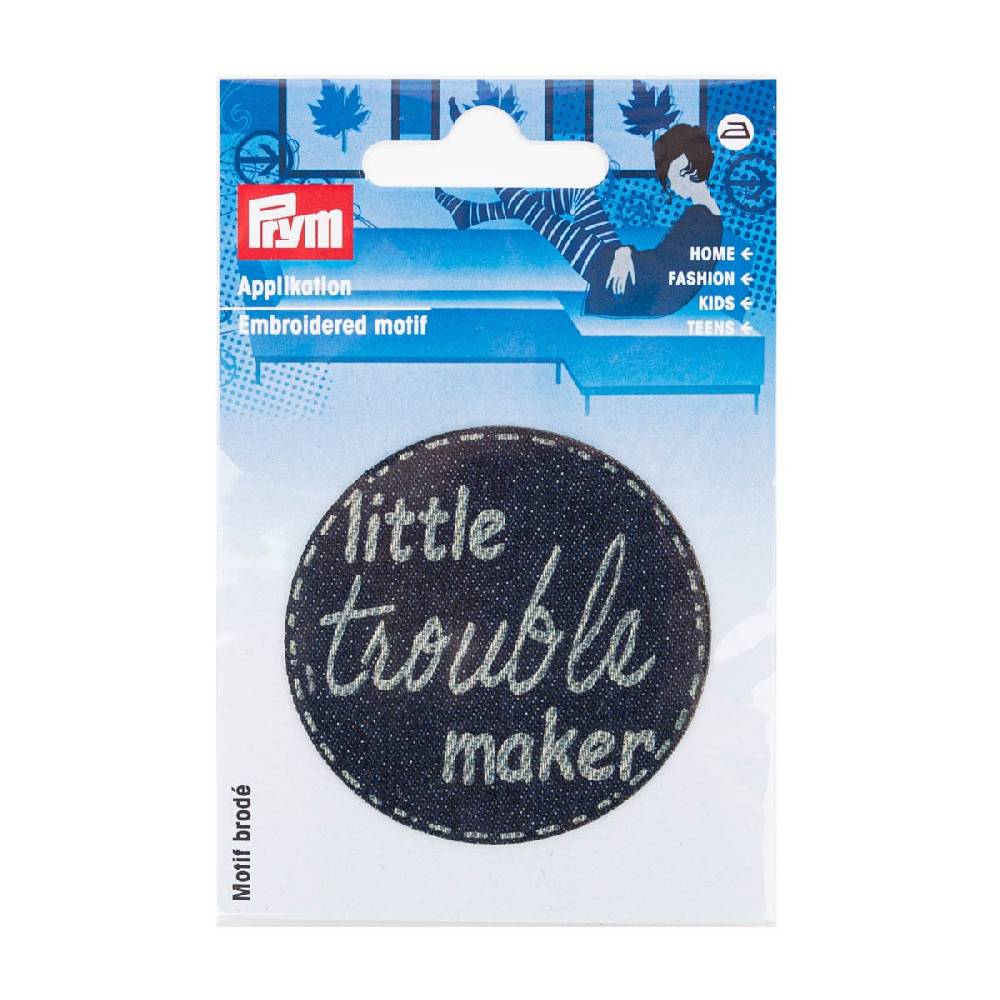Schöner Leben Applikation little trouble maker gelasert selbstklebend/aufbügelbar Jeansstoff blau 60mm von Prym