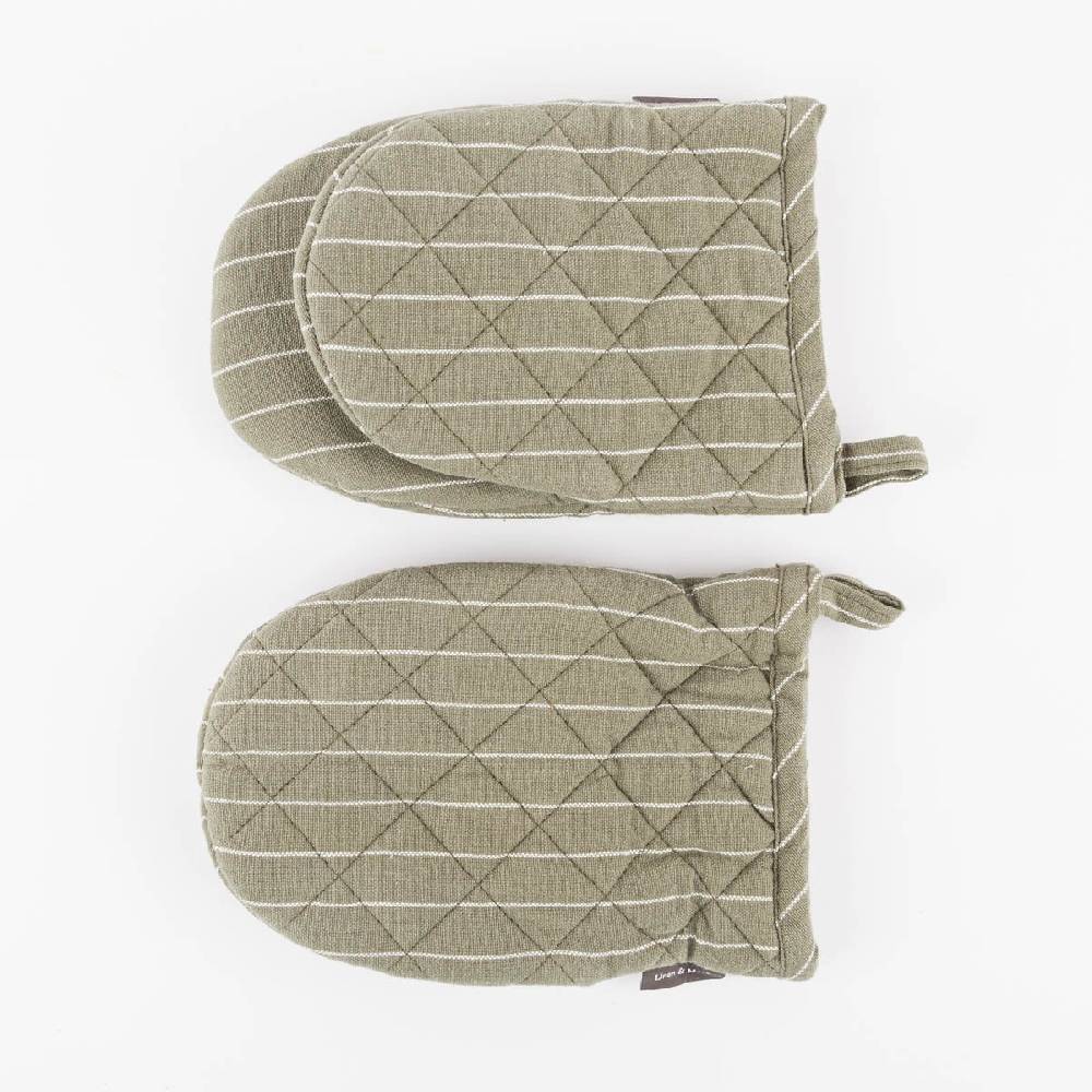 Schöner Leben 2er Set Ofenhandschuh aus Baumwolle gestreift olivgrün weiß 14x21cm von Linen & More
