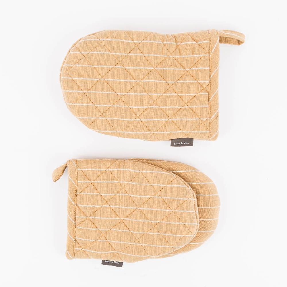 Schöner Leben 2er Set Ofenhandschuh aus Baumwolle gestreift sandgelb weiß 14x21cm von Linen & More